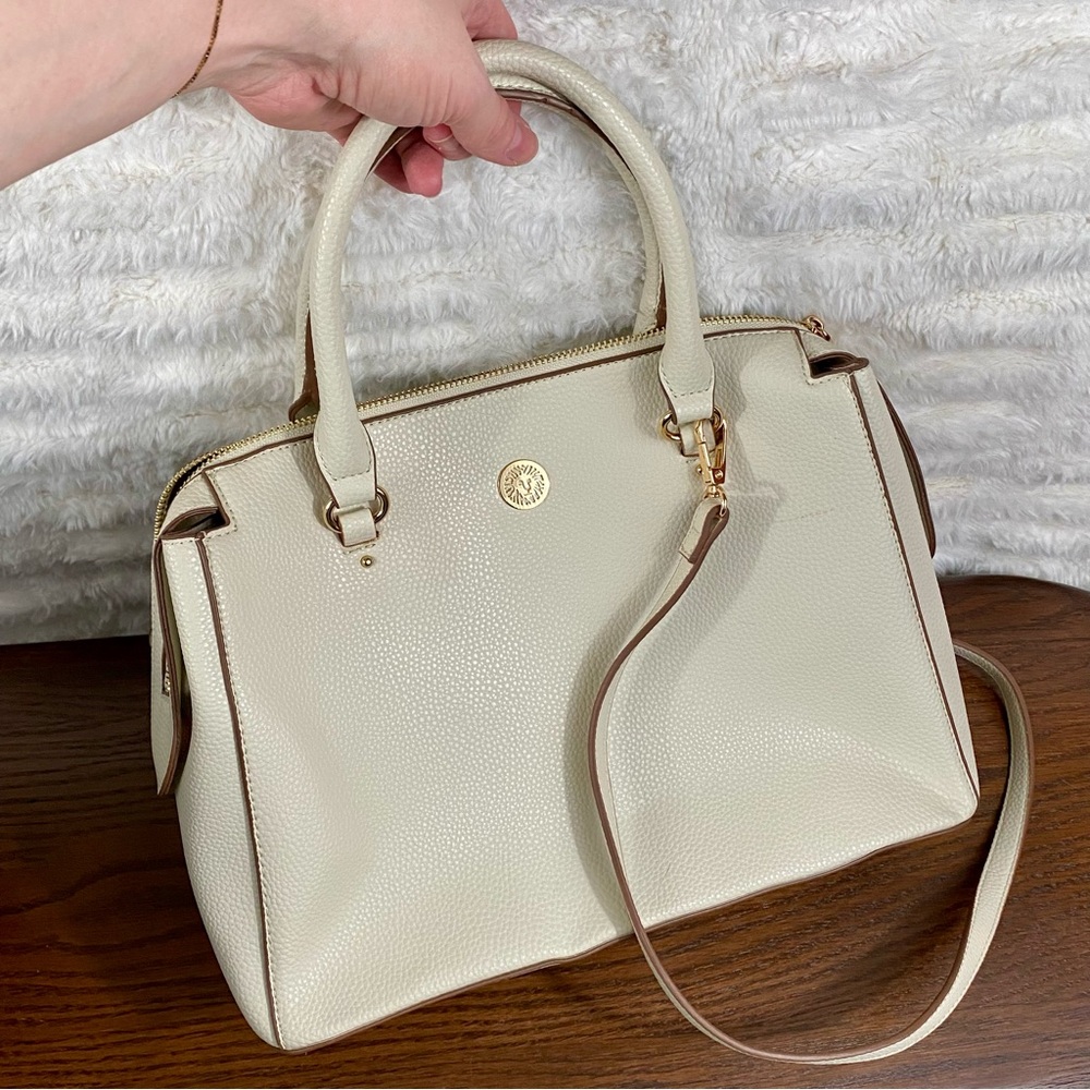 Anne Klein Satchel Handbag Cream Faux Leather Double Handle Shoulder Strap